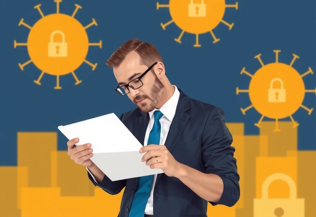 Illustration eines Datenschutzbeauftragten, der Dokumente prüft