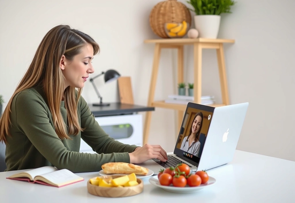 Eine Frau führt eine Online-Videokonferenz mit einem Ernährungsberater auf einem Laptop, umgeben von gesunden Lebensmitteln.